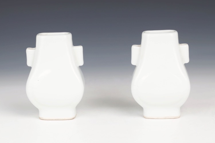 Pair of White-Glazed Hu-Shaped Twin-Handled Vases. 20th Century