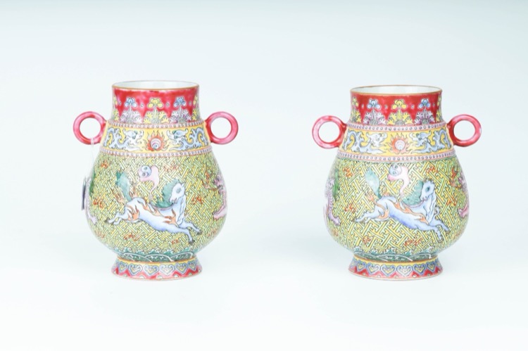Pair of Famille Rose Auspicious Animals Zun-Shaped Handled Vases