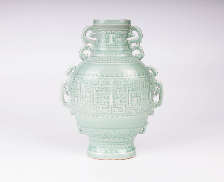 Celadon-Glazed Taotie Archaistic Relief-Decorated Flask