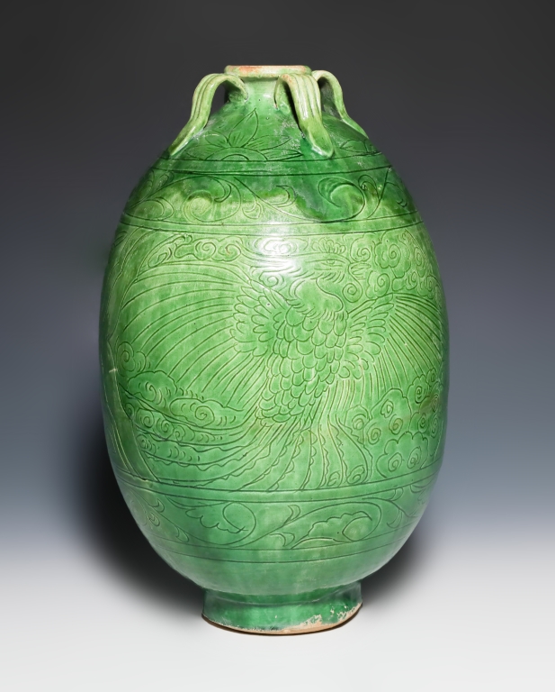 Green-glazed Pottery Amphora, incised Phoenix, Liao Dynasty