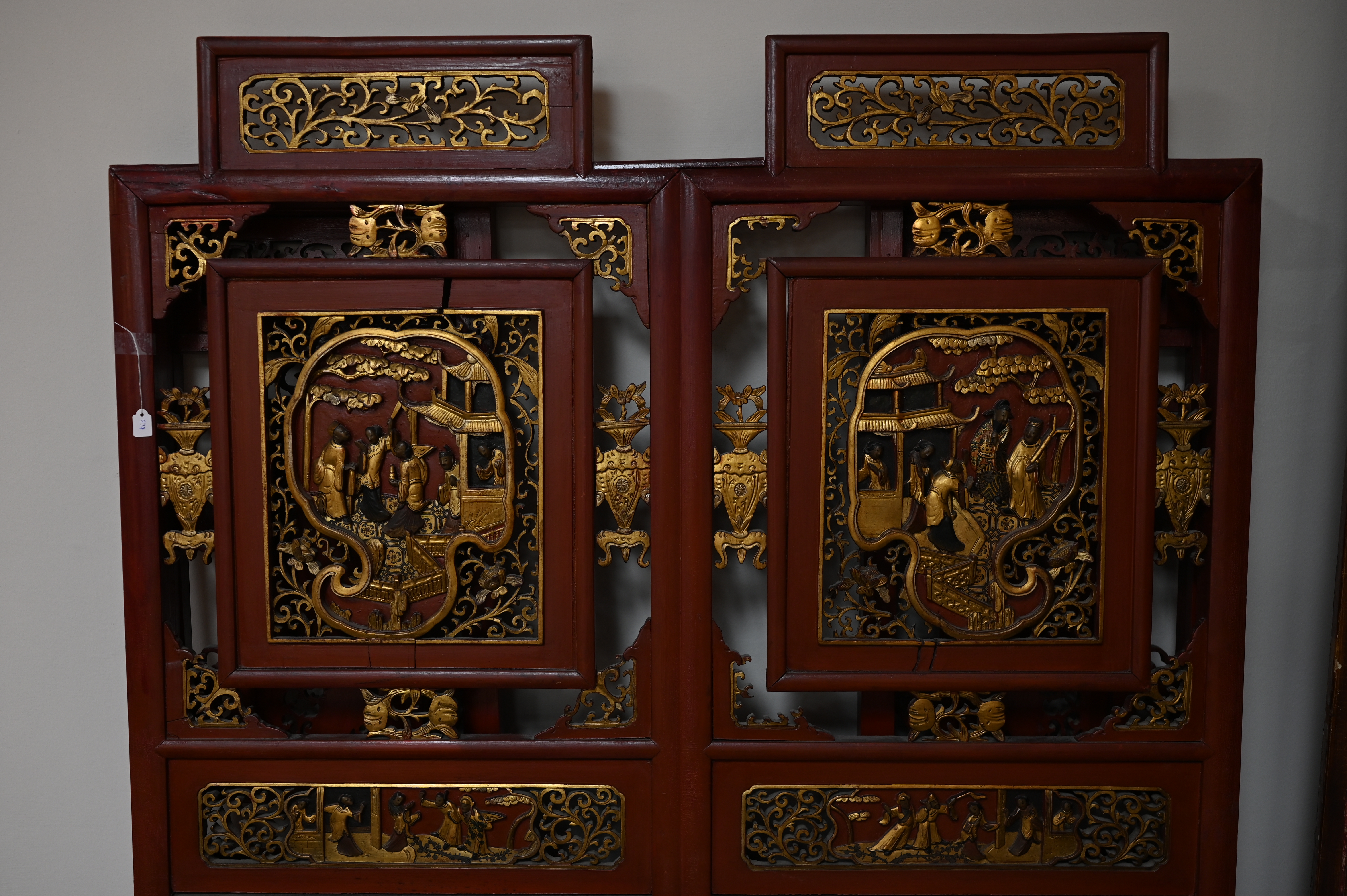 Red Lacquer Carved Gilt-Decorated Figural Screen